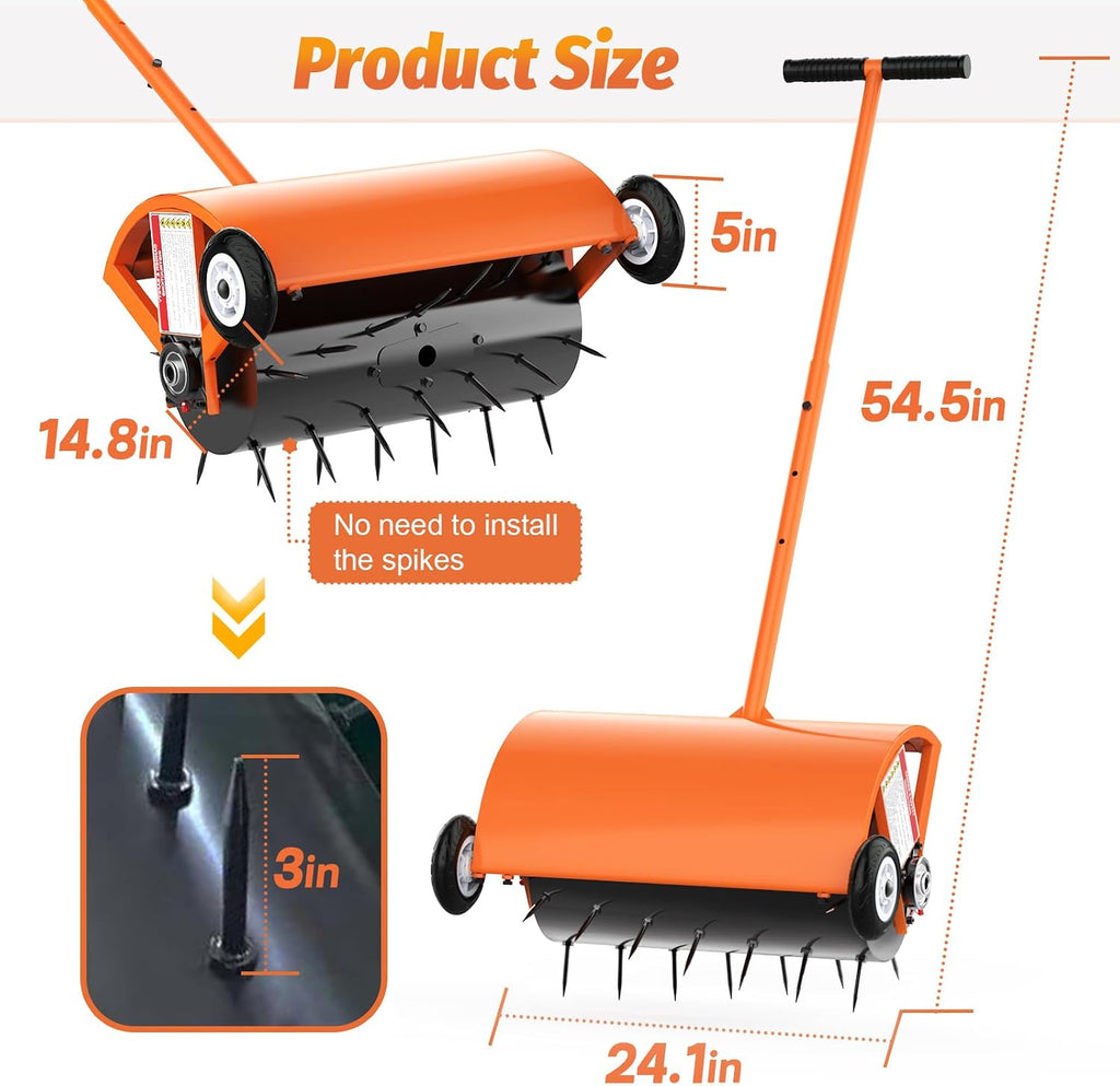 24 Inch Rolling Lawn Aerator, Heavy Duty Manual Aerator Tool, Up to 70 lbs, Push Spike Aeration Tool with 42 Spikes, Suitable for Lawns, Garden, and Yard Grass Aeration [Orange]