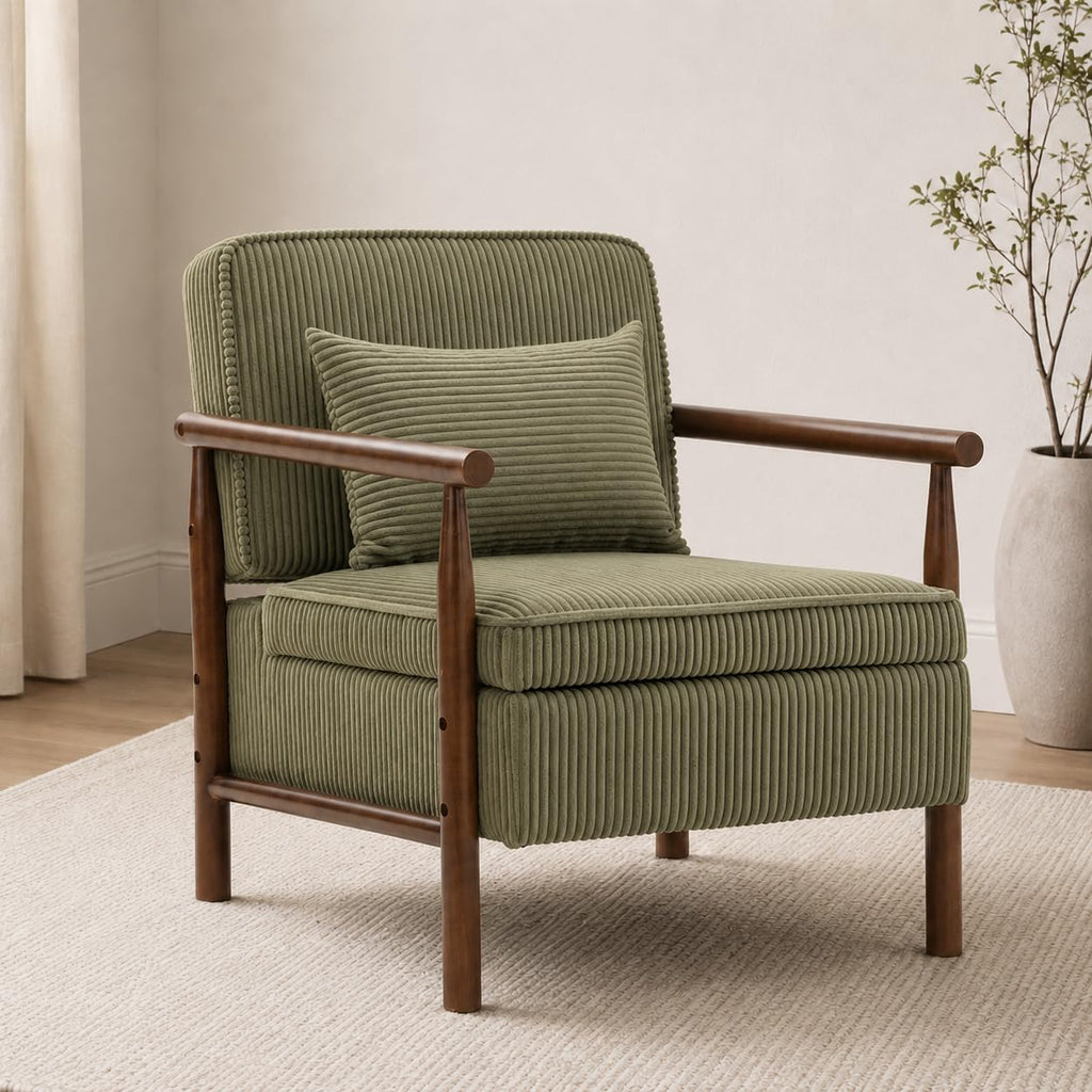 Accent Chair with Hidden Storage, Mid-Century Upholstered Armchair with Solid Wood Frame, Corduroy Fabric Accent Chair for Living Room, Bedroom, and Reading Corner(Green)