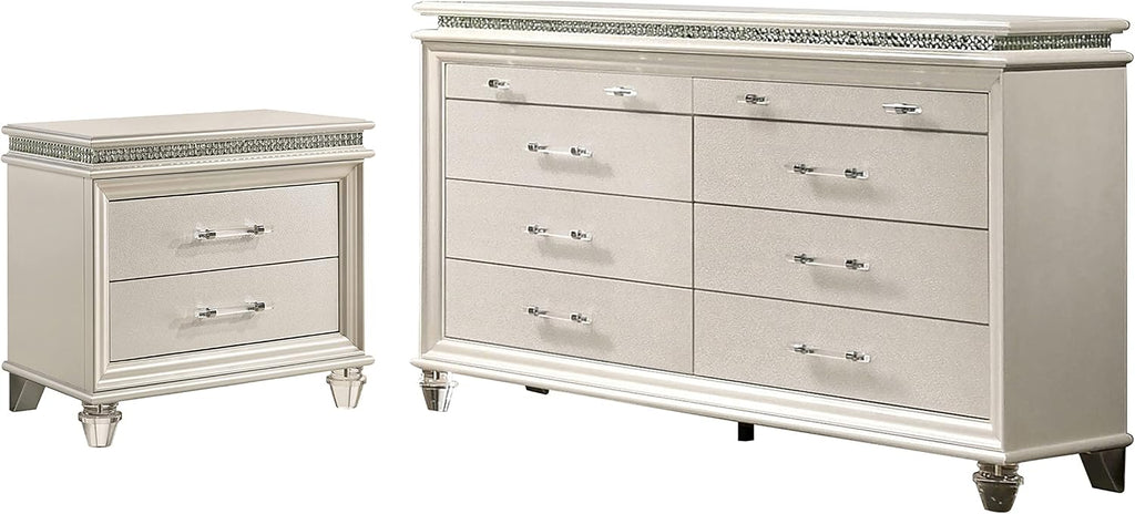 HOMES: Inside + Out Bevill Modern Wood 2-Piece Nightstand with 8-Drawer Dresser Set for Bedroom, Pearl White and White