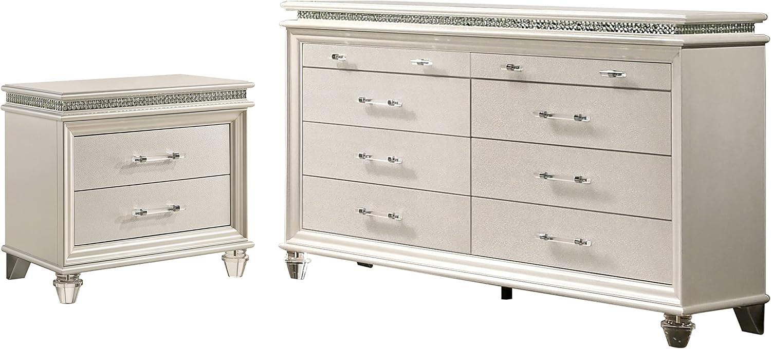 HOMES: Inside + Out Bevill Modern Wood 2-Piece Nightstand with 8-Drawer Dresser Set for Bedroom, Pearl White and White