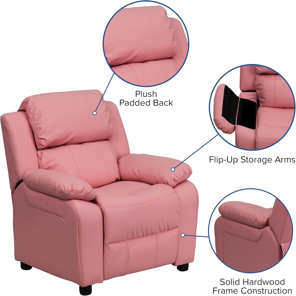 Flash Furniture Charlie Vinyl Kids Recliner with Flip-Up Storage Arms and Safety Recline, Contemporary Reclining Chair for Kids, Supports up to 90 lbs., Pink
