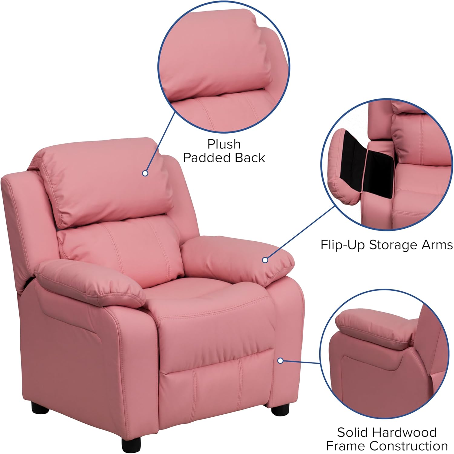Flash Furniture Charlie Vinyl Kids Recliner with Flip-Up Storage Arms and Safety Recline, Contemporary Reclining Chair for Kids, Supports up to 90 lbs., Pink