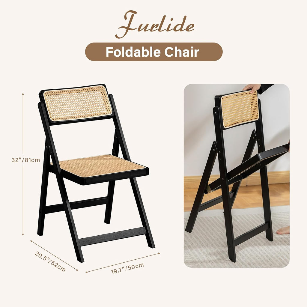 Furlide Rattan Folding Chairs, Modern Mid Century Dining Chairs Set of 2, Outdoor Bamboo Chairs for Bedroom Living Room Reading Room Dining Kitchen, Black