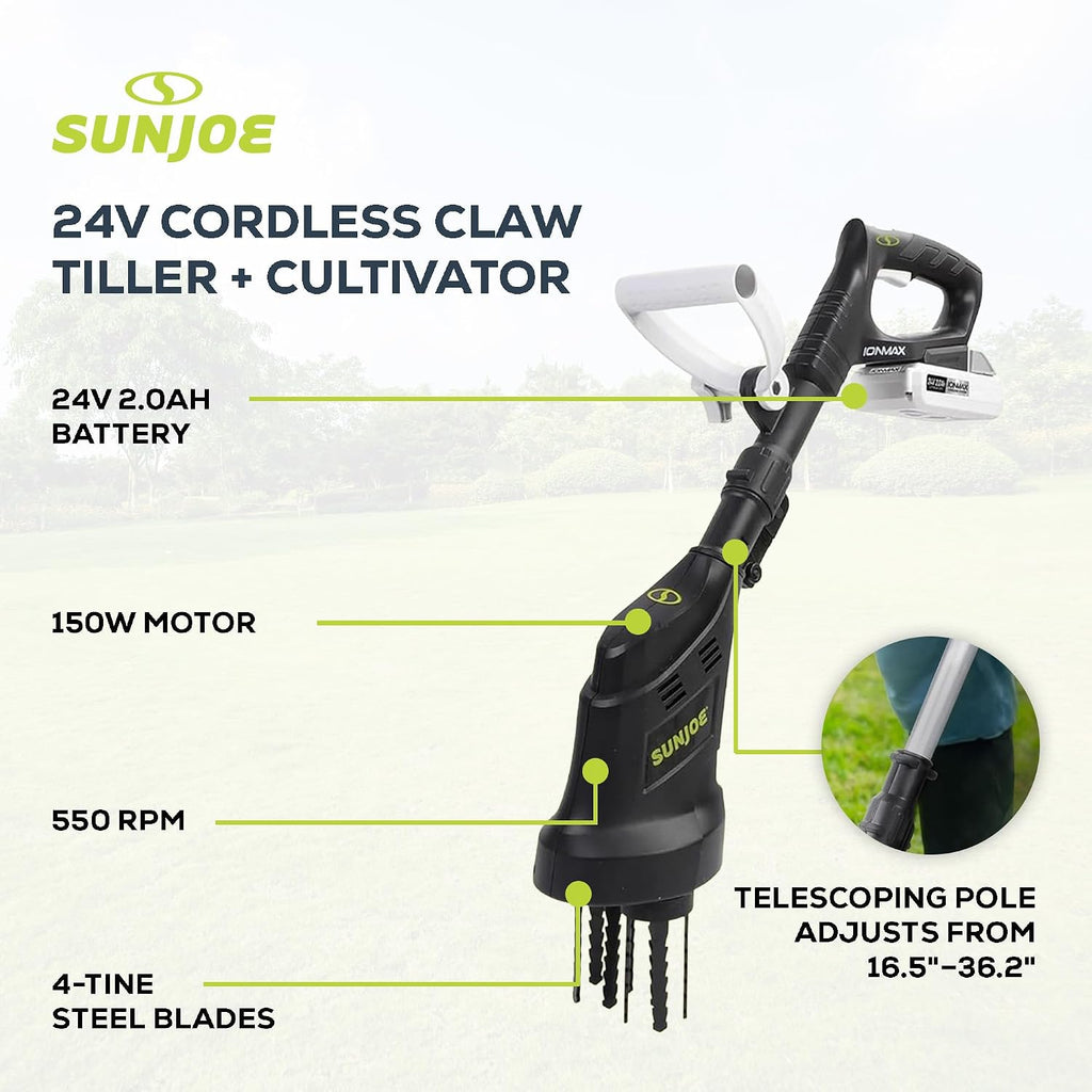 Sun Joe Cordless Garden Claw Tiller & Cultivator with 4-Tine Steel Blades, Battery & Charger, 3.6 Inch, 24V, 150W Motor - Heavy-Duty Tilling Machine for Lawn, Yard, and Gardening Care, 24V-CTLR-LTE