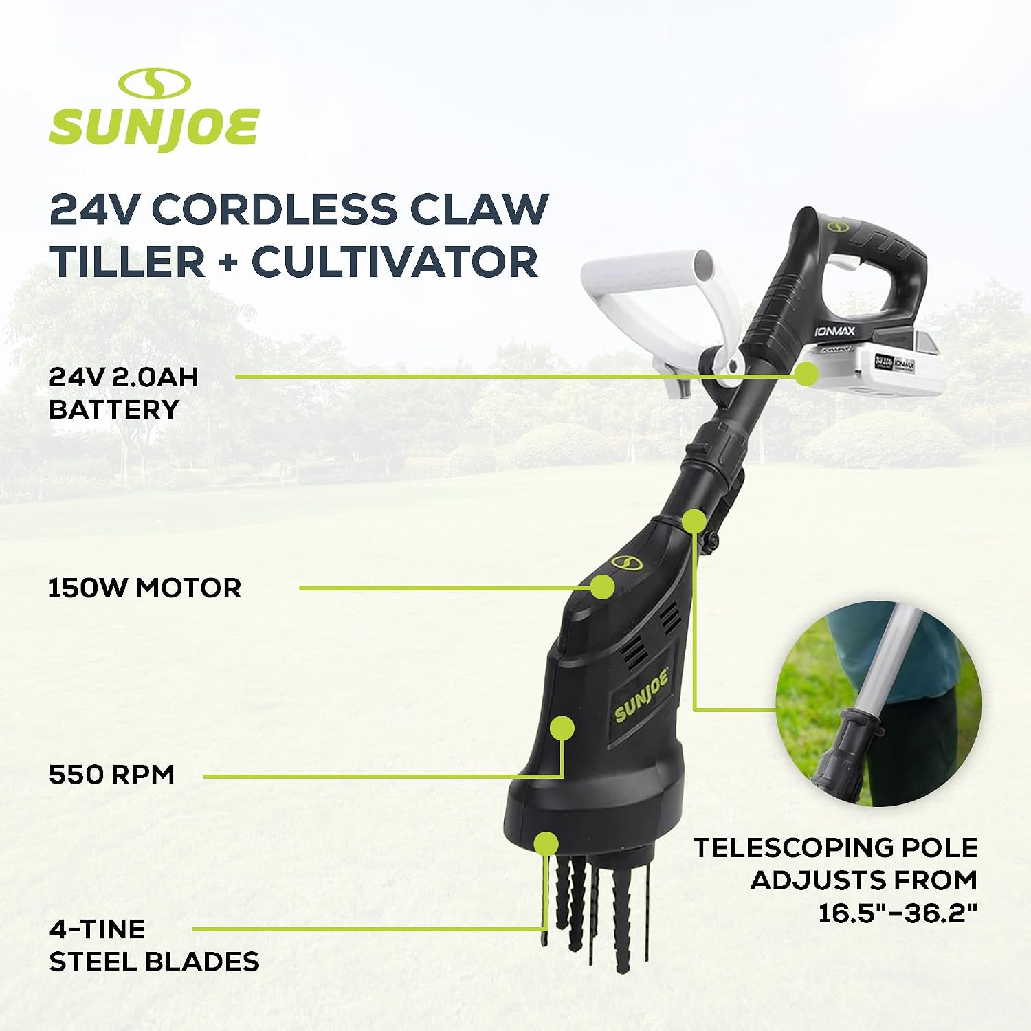 Sun Joe Cordless Garden Claw Tiller & Cultivator with 4-Tine Steel Blades, Battery & Charger, 3.6 Inch, 24V, 150W Motor - Heavy-Duty Tilling Machine for Lawn, Yard, and Gardening Care, 24V-CTLR-LTE