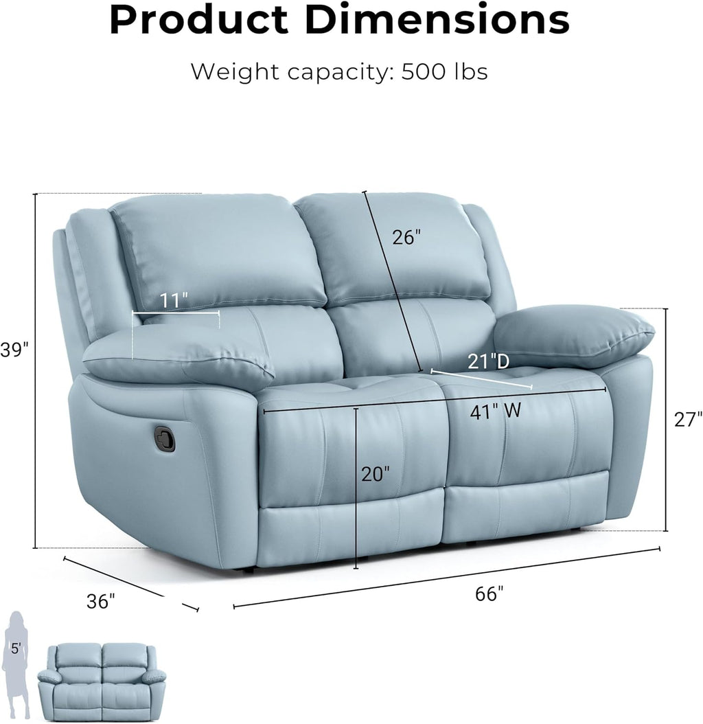 Furniture of America Sorin Modern Leather Recliner Loveseat with Pillow Armrests and High Density Foam, Reclining Sofa, Comfortable Couch for Living Room, Office, FSC Certified, Blue