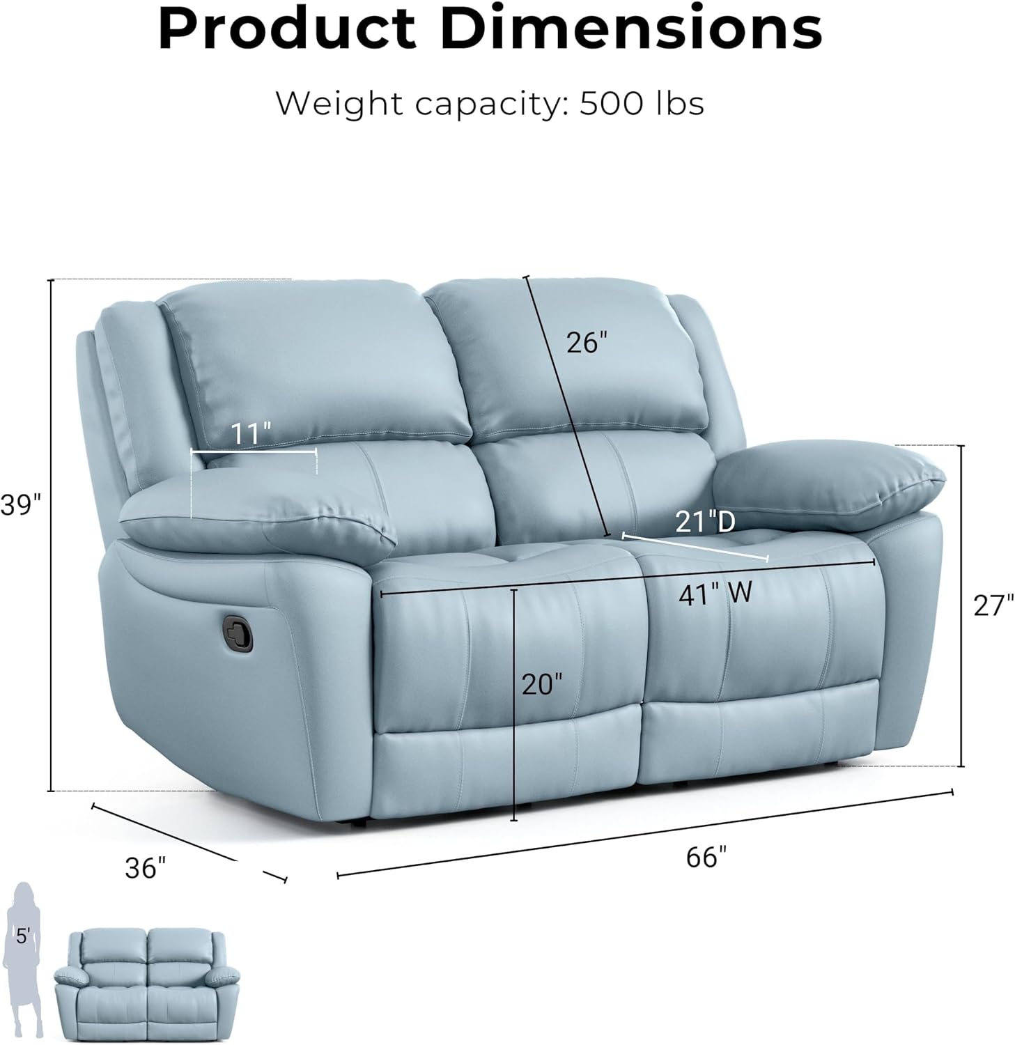 Furniture of America Sorin Modern Leather Recliner Loveseat with Pillow Armrests and High Density Foam, Reclining Sofa, Comfortable Couch for Living Room, Office, FSC Certified, Blue