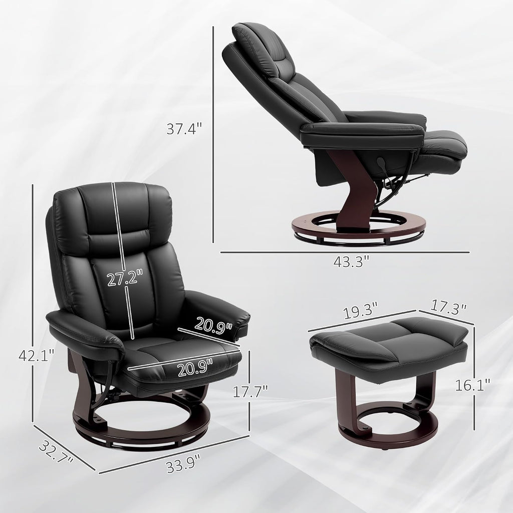 HOMCOM Recliner Chair with Ottoman, PU Leather Swivel Recliner with Comfy Footrest, Upholstered Adjustable Living Room Chair and Ottoman Set, Black