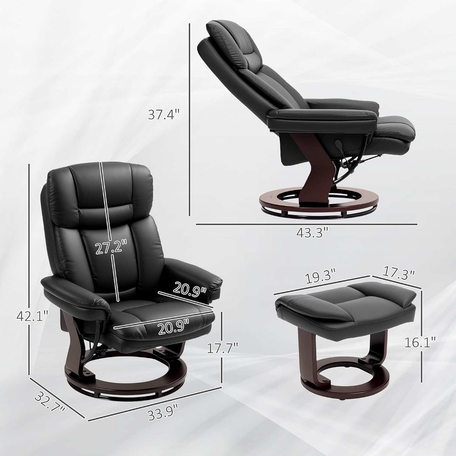 HOMCOM Recliner Chair with Ottoman, PU Leather Swivel Recliner with Comfy Footrest, Upholstered Adjustable Living Room Chair and Ottoman Set, Black