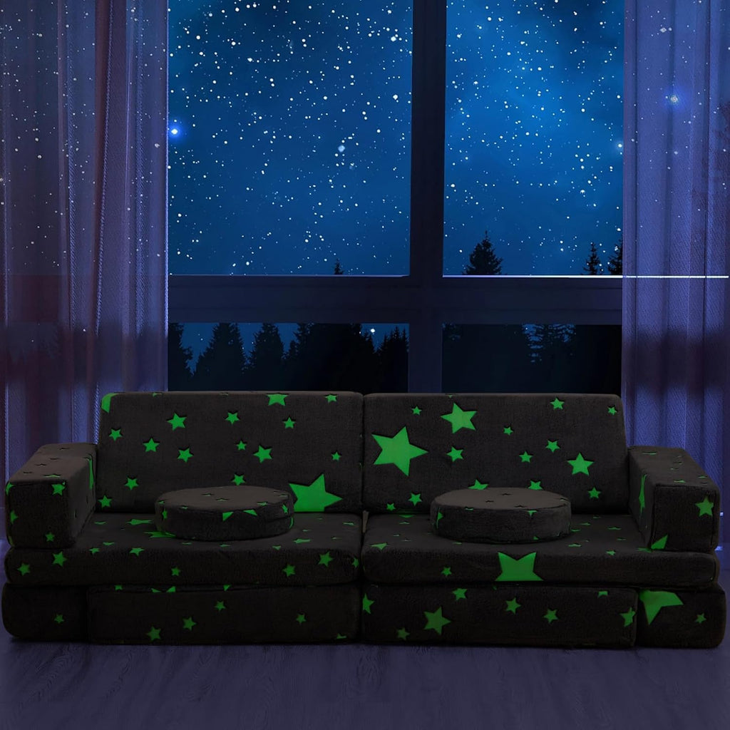 Kids Couch Sofa 12 Pcs Modular Star Glow in The Dark, Convertible Fold Out Foam Couch for Boys and Girls, Playroom Bedroom Furniture, Grey