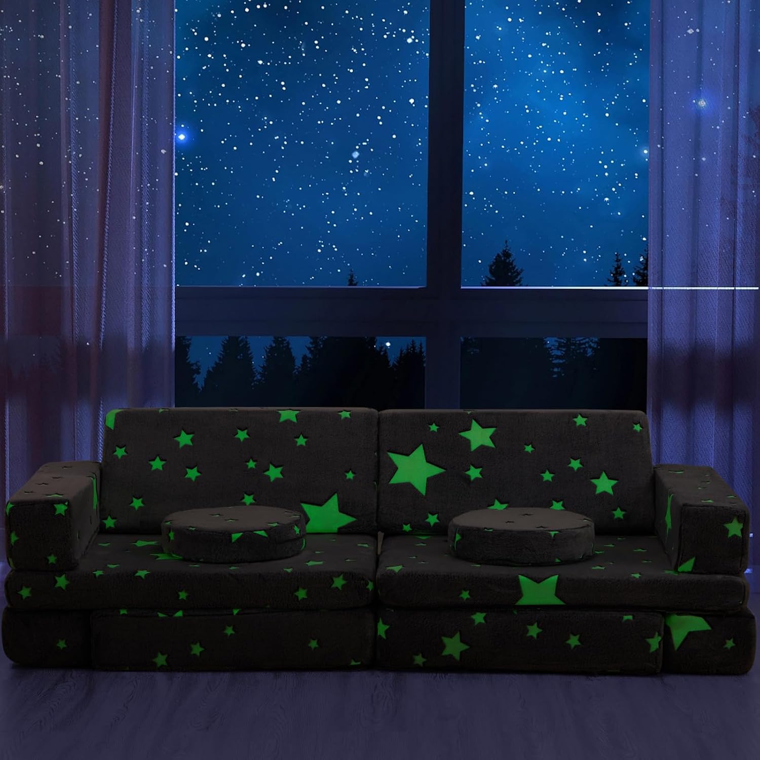 Kids Couch Sofa 12 Pcs Modular Star Glow in The Dark, Convertible Fold Out Foam Couch for Boys and Girls, Playroom Bedroom Furniture, Grey