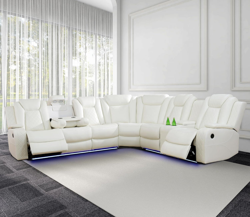 Power Recliner Sofa Sectional Couch with LED Light for Living Room,Leather Reclining Corner Sectional Sofa with 2 Recliner Seats,Cup Holder,Storage Console for House/Home Theater, Creamy