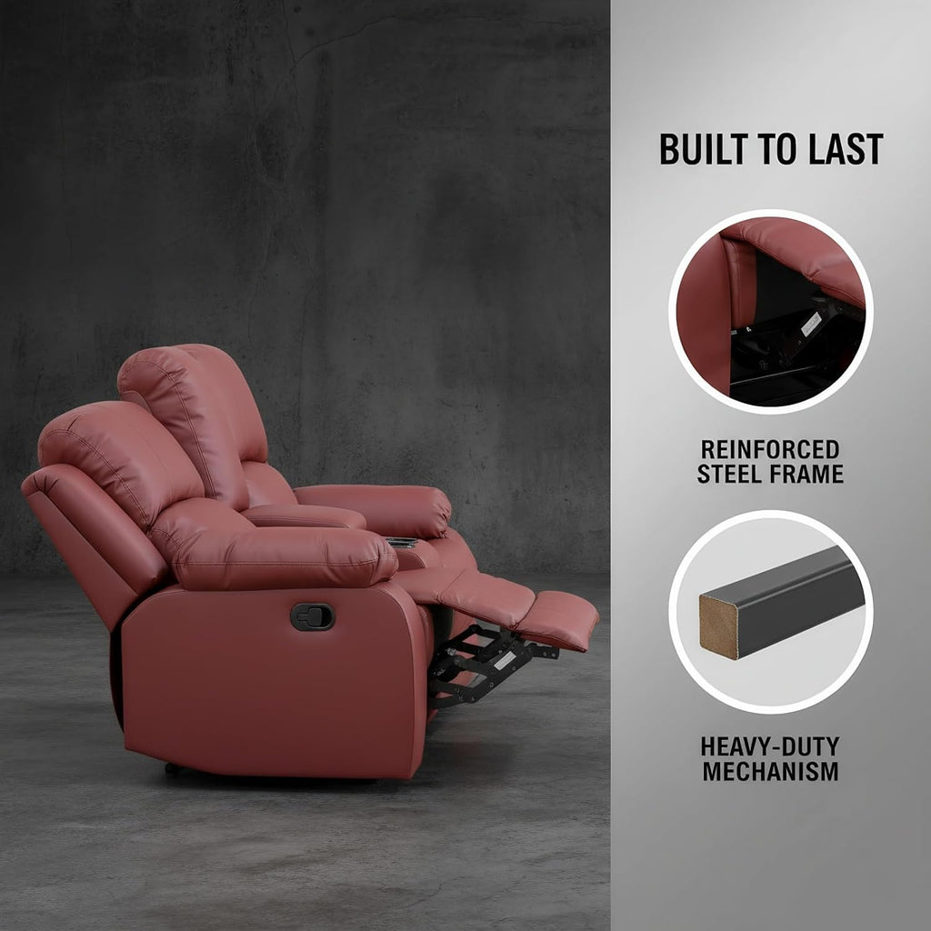 2-Piece Manual Leather Recliner Sofa Set, Adjustable Backrest Reclining Loveseat Sofa & 3 Seater Couch Furniture Set for Living Room, Home Theater, Red