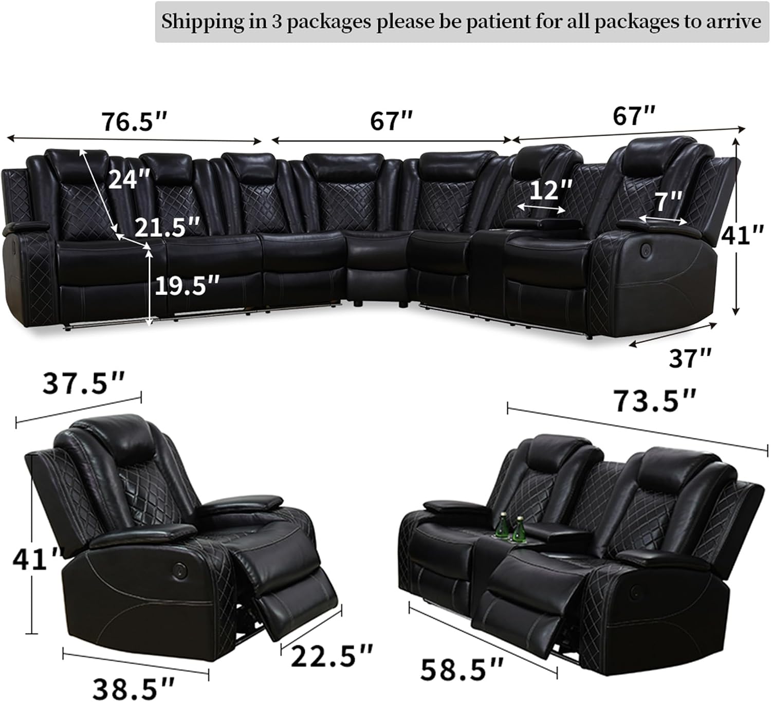 Power Reclining Sectional Sofa Set, Living Room Furniture Sets, Black Leather Sectional Reclining Loveseat and Recliner Chair with 5 Recliners/LED Light/Storage Console for Living Room