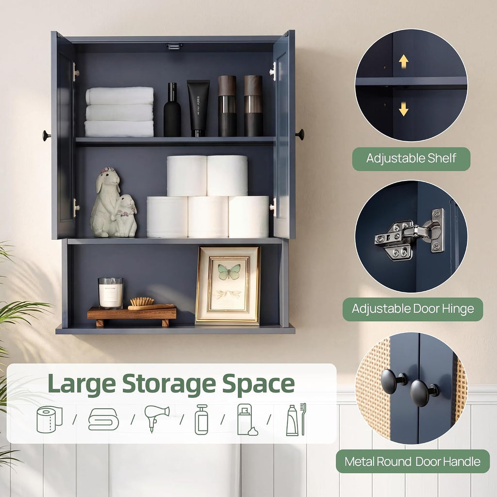 Premium Over The Toilet Storage Cabinet, Boho & Farmhouse Rattan Bathroom Organizer, Adjustable Bottom Bar for Water Valve Clearance, Navy Blue P2 MDF, 24'x30'