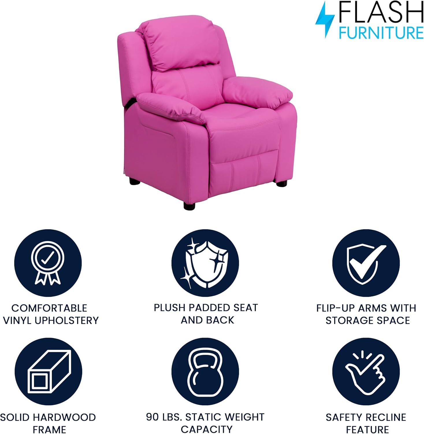 Flash Furniture Charlie Vinyl Kids Recliner with Flip-Up Storage Arms and Safety Recline, Contemporary Reclining Chair for Kids, Supports up to 90 lbs., Hot Pink