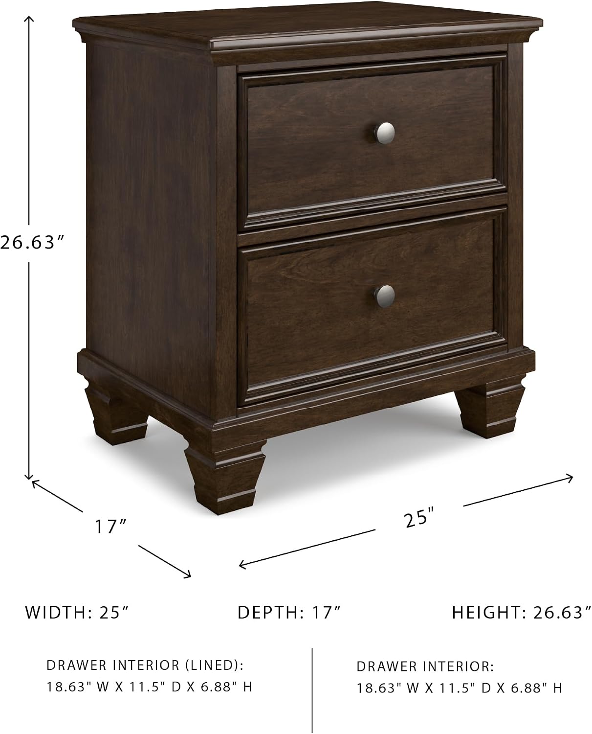 Signature Design by Ashley Danabrin Classic 2 Drawer Nightstand for Bedroom, 26.63' Tall, Dark Brown