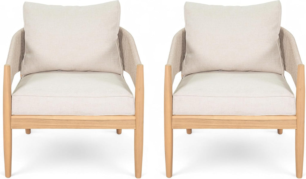 Christopher Knight Home Naomi Set of 2 Patio Acacia Wood Club Chair with Cushion, Handwoven Rope Lounge Chair Outdoor for Porch/Backyard, Stylish Garden Seating with Curved Backrest, Beige+Light Brown