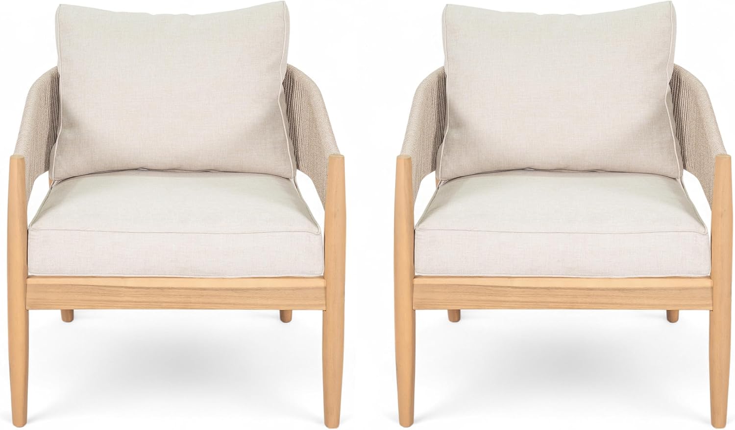 Christopher Knight Home Naomi Set of 2 Patio Acacia Wood Club Chair with Cushion, Handwoven Rope Lounge Chair Outdoor for Porch/Backyard, Stylish Garden Seating with Curved Backrest, Beige+Light Brown