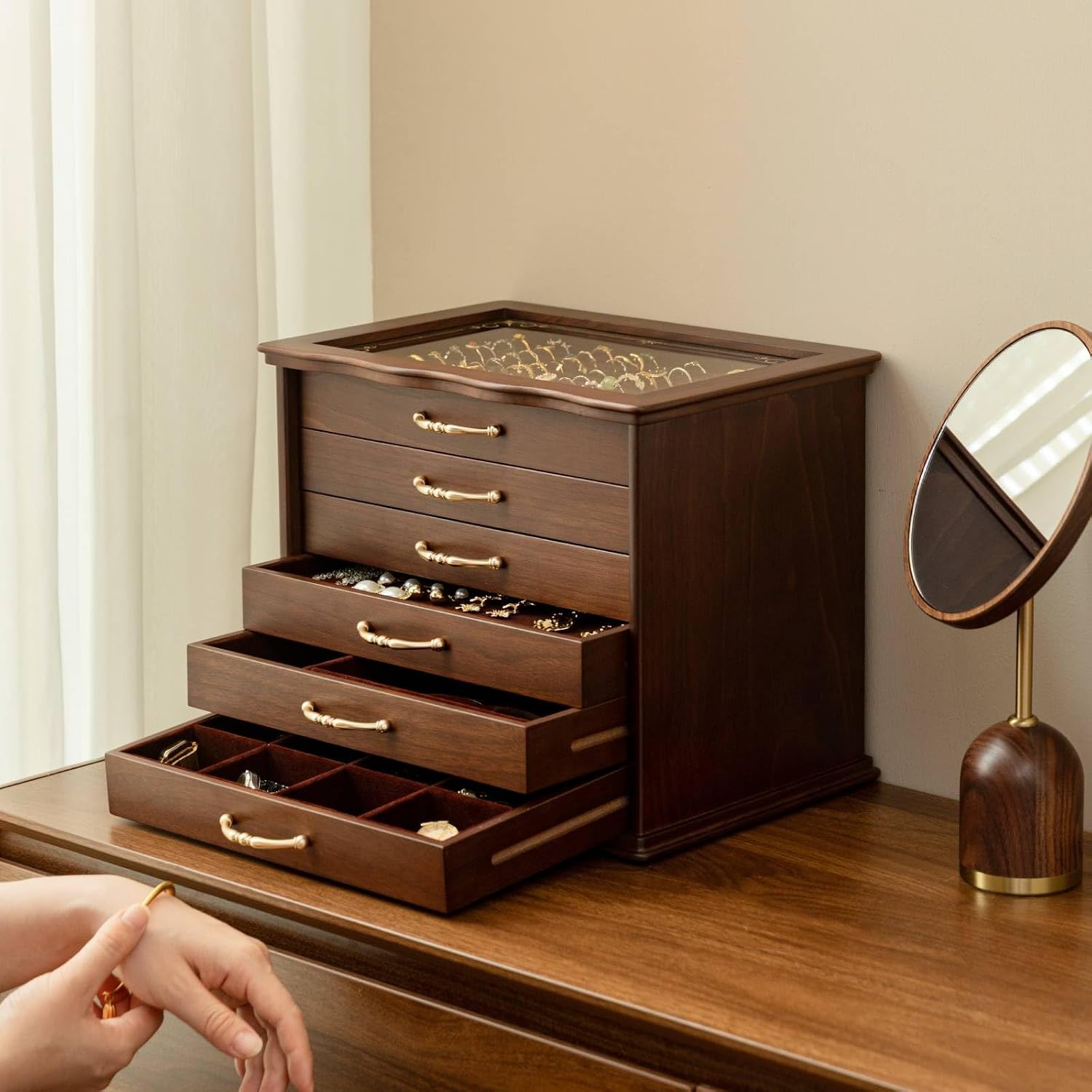 Kinsuite Black Walnet Jewelry Box with Glass Top & 6 Drawers - Handcrafted Vintage Organizer, Gold Hardware, for Necklaces, Rings, Watches - Elegant Display & Storage Chest for Women