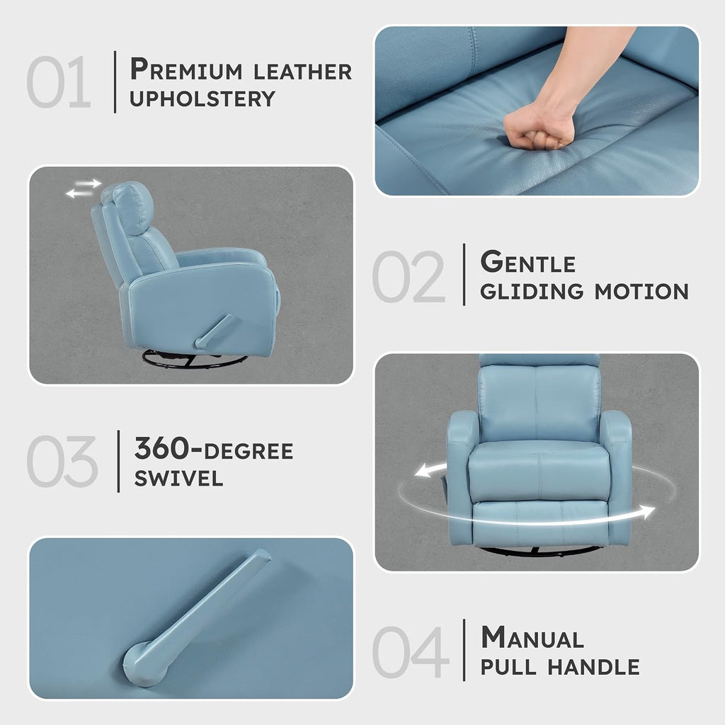 Lexicon Swivel Glider Reclining Chair, Top Grain Leather Match Manual Pull Handle Recliner, Comfy Nursery Glider Recliner, Swivel Reclining Chair for Living Room/Office/Bedroom/Apartment, Blue