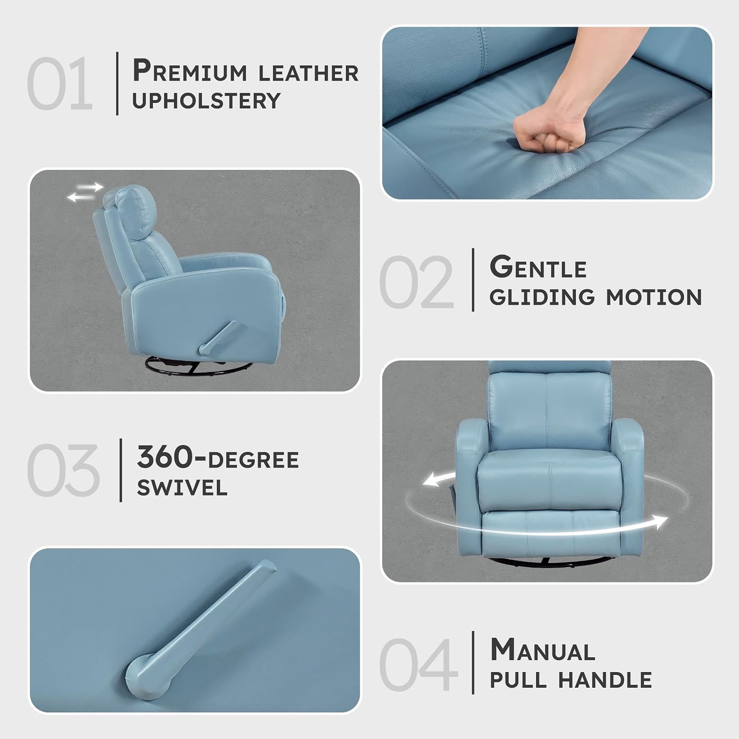 Lexicon Swivel Glider Reclining Chair, Top Grain Leather Match Manual Pull Handle Recliner, Comfy Nursery Glider Recliner, Swivel Reclining Chair for Living Room/Office/Bedroom/Apartment, Blue