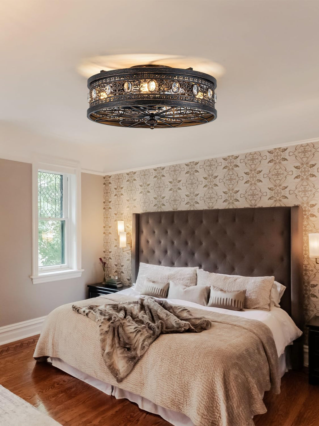Bella Depot Caged Ceiling Fans with Lights,Vintage Victorian Rustic Crystal Fandelier,Low Profile Flush Mount, Farmhouse Ceiling Fan with Light and Remote for Bedroom,Kitchen,Dining Room