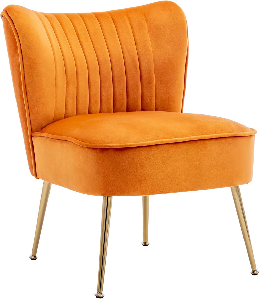 Velvet Accent Chairs Set of 2 for Comfy Living Room Armless Slipper Chair Mid Century Side Chair Single Sofa with Golden Legs Wingback for Bedroom Guest Room, Orange