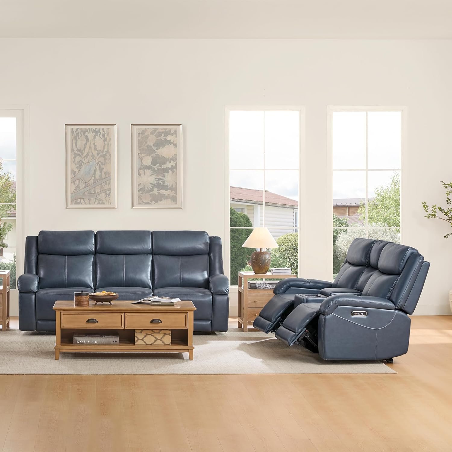 Watson & Whitely Genuine Leather Power Recliner Sofa, 3 Seater Wall Hugger Reclining Sofas with Power Headrest, USB & TypeC Ports, Electric Recliner Couch Set for Living Room, Navy