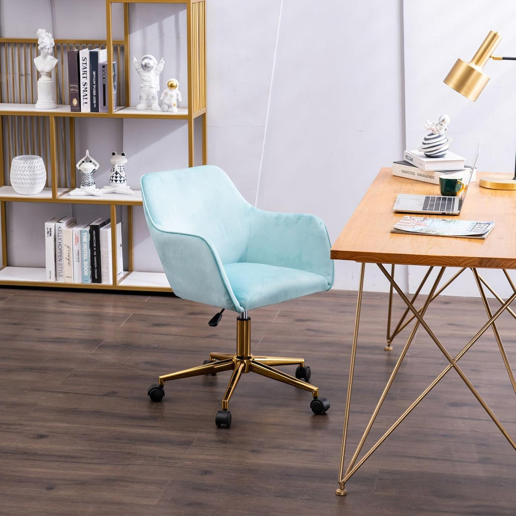 Modern Velvet, Height Adjustable, 360° Swivel Office Chair, Upholstered Cosmetic Dresser Armchair with Metal Feet and Backrest, Bedroom Furniture Light Blue