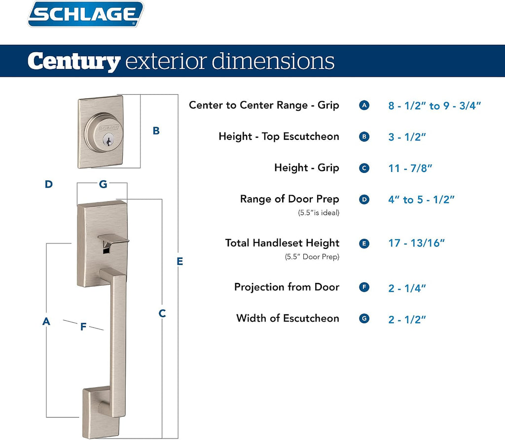 Schlage F60 CEN 622 LAT CEN Century Front Entry Handleset with Latitude Lever, Alloy steel, Deadbolt Keyed 1 Side, Matte Black