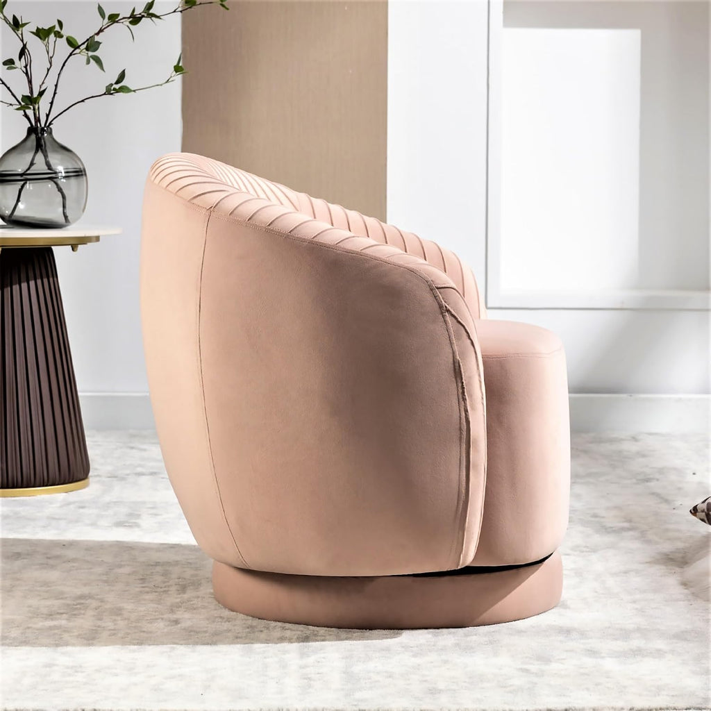 Container Furniture Direct Modern Barrel Swivel Chair with Plush Velvet Upholstery and Smooth 360° Rotation, Round Accent One-Seater Sofa for Living Room, Bedroom, and Office, Pink
