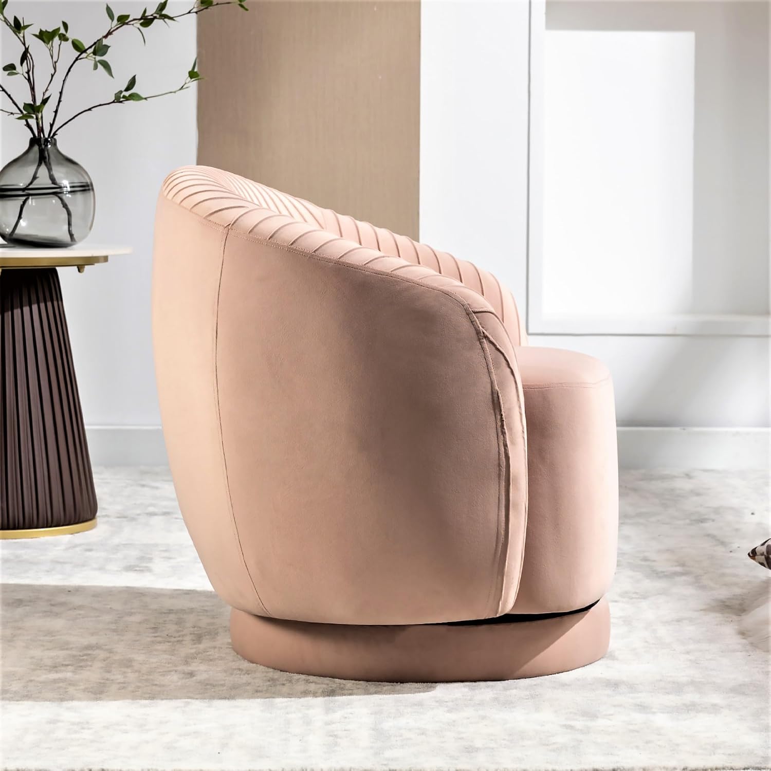 Container Furniture Direct Modern Barrel Swivel Chair with Plush Velvet Upholstery and Smooth 360° Rotation, Round Accent One-Seater Sofa for Living Room, Bedroom, and Office, Pink