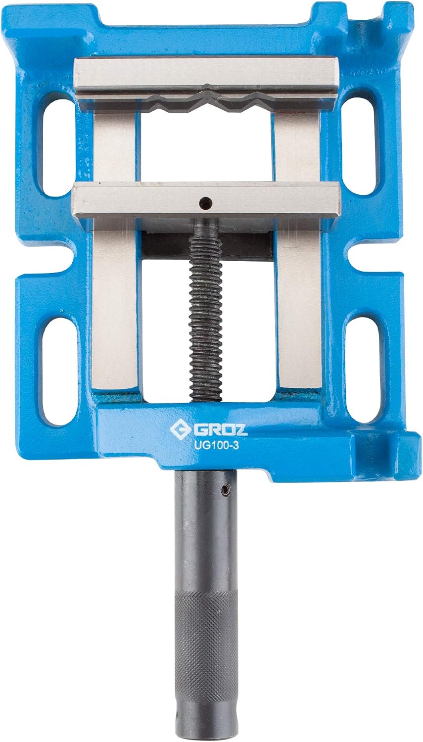 Groz Unigrip 4' 3-Way Drill Press Vise, 100mm Jaw, 3-1/2' Opening, Cast Iron with Precision-Ground Base, Side and End Faces, 4-Prism Fixed Jaw for Round Stock (35125)