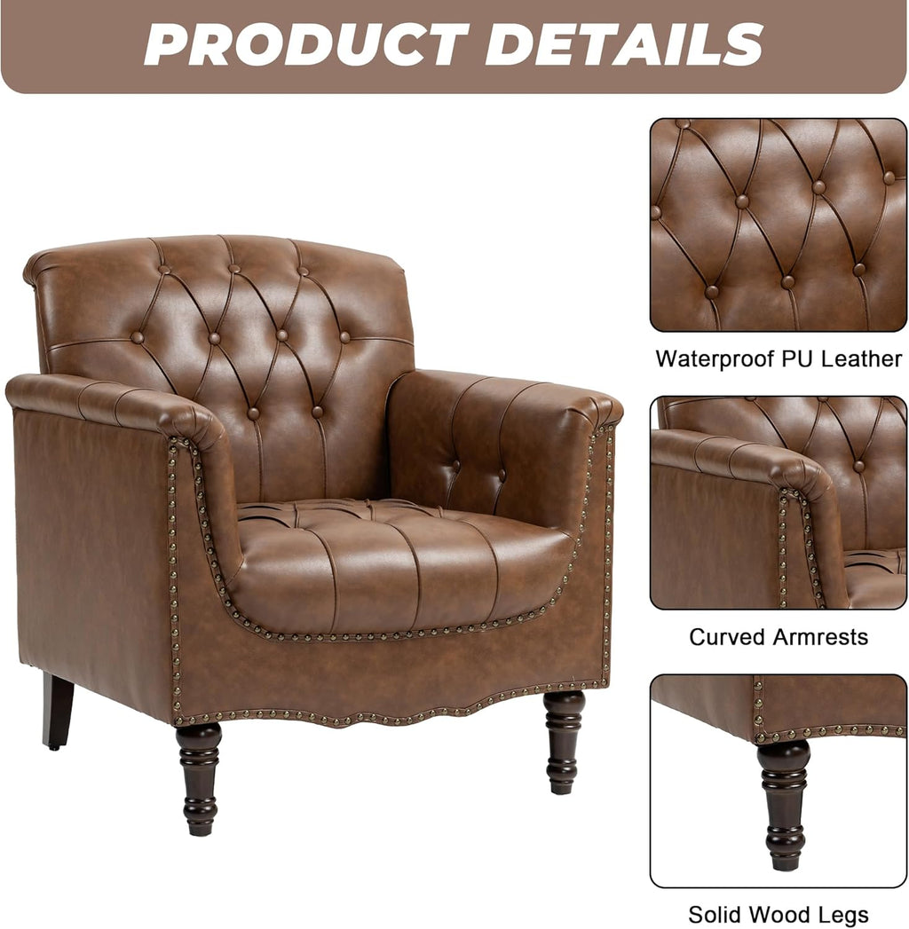 Lumibee Faux Leather Armchair, Contemporary Accent Chair with Nailhead Trims & Wood Legs for Living Room, Upholstered Comfy Arm Chair for Office,Bedroom-Brown