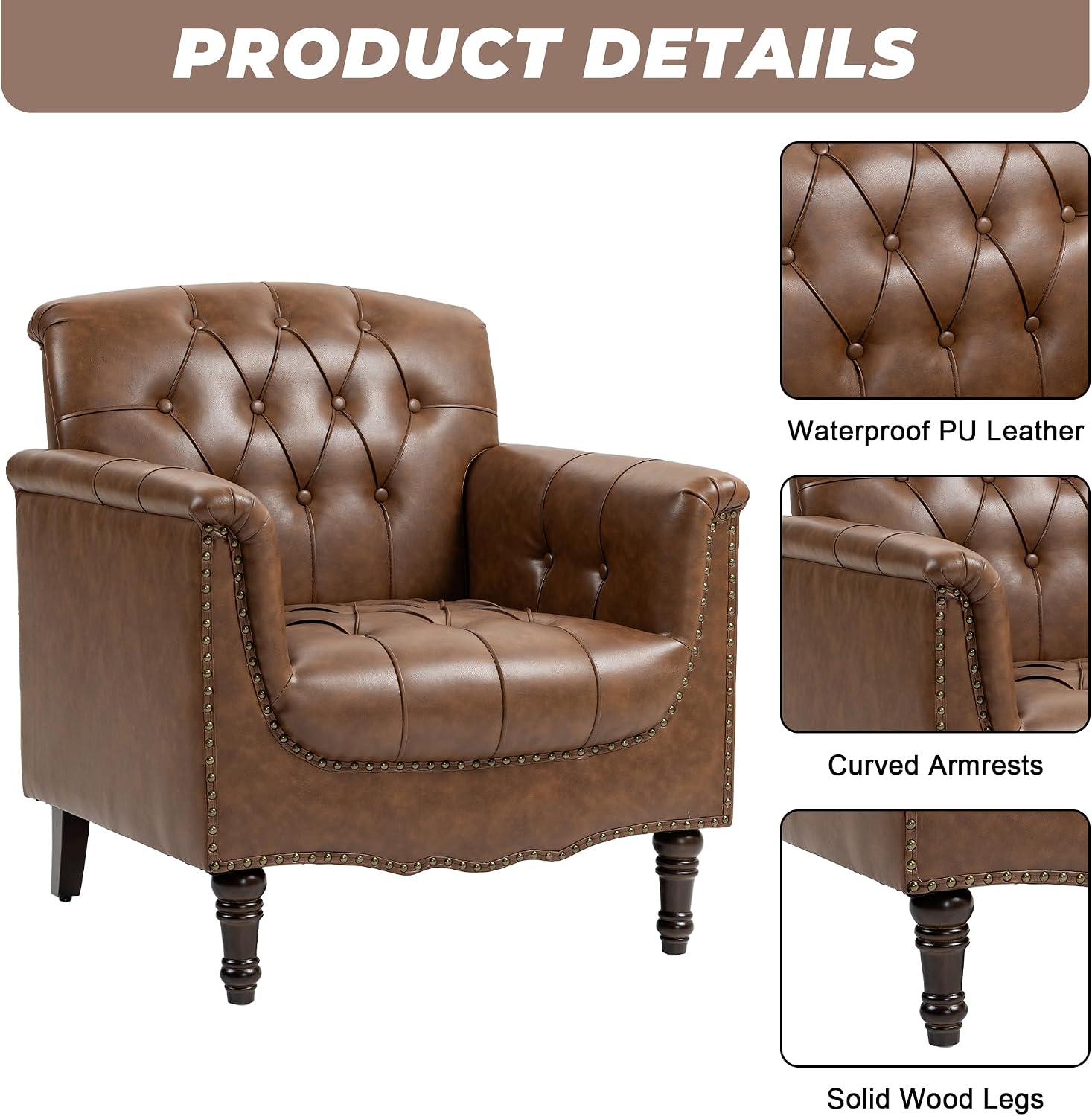 Lumibee Faux Leather Accent Chairs Set of 4, Upholstered Armchairs with Nailhead Trims & Wood Legs for Living Room, Bedroom, Contemporary Comfy Club Chairs for Office-Brown