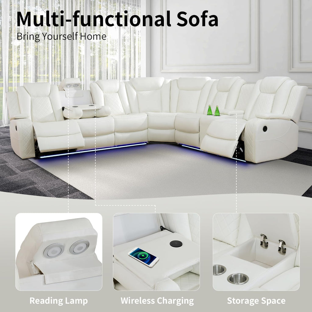 Power Recliner Sofa Sectional Couch with LED Light for Living Room,Leather Reclining Corner Sectional Sofa with 2 Recliner Seats,Cup Holder,Storage Console for House/Home Theater, Creamy