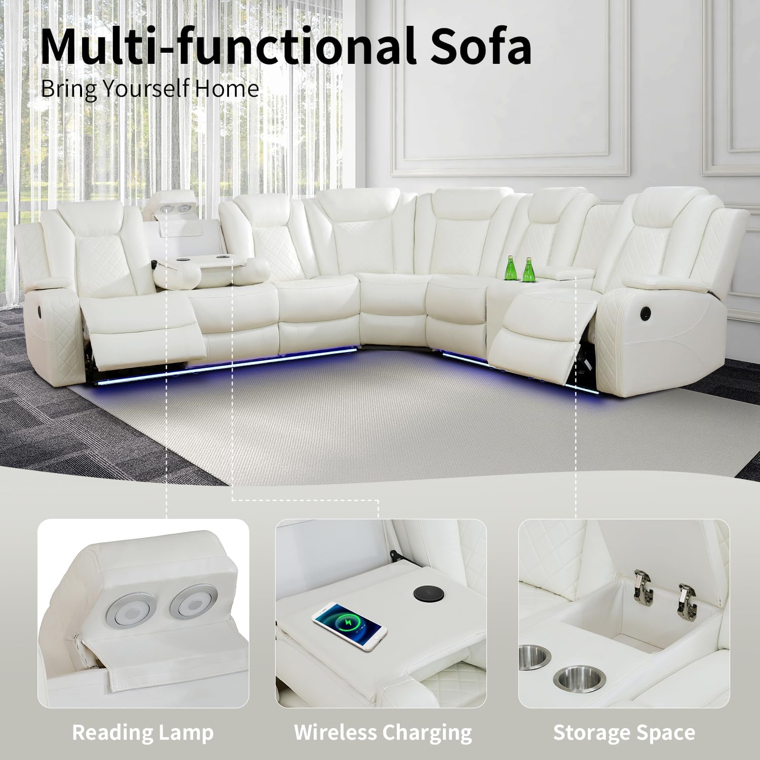 Power Recliner Sofa Sectional Couch with LED Light for Living Room,Leather Reclining Corner Sectional Sofa with 2 Recliner Seats,Cup Holder,Storage Console for House/Home Theater, Creamy
