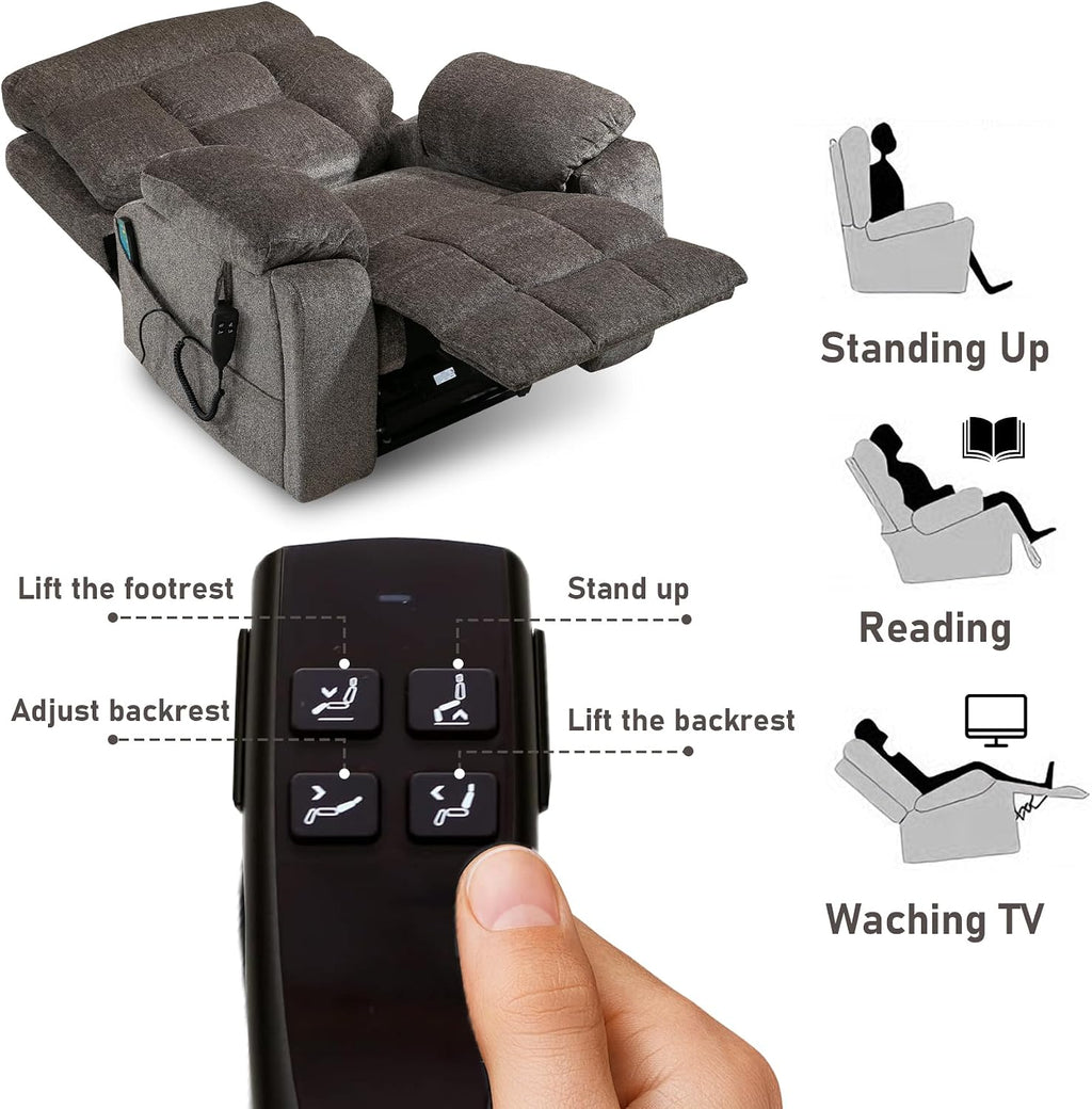 Oversized Lift Recliner Chair for Big and Tall Elderly, 26' Extra Wide Seat Power Lift Recliners with Heat and Massage, Dual Motor Electric Lay Flat Living Room Sofa with Lumbar Pillow