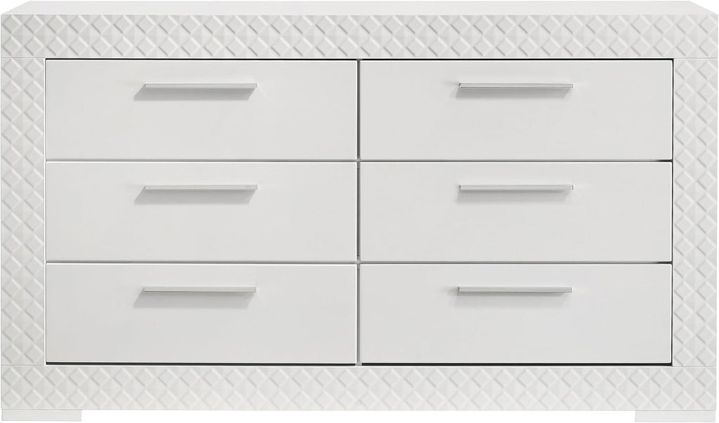 Coaster Home Furnishings - Ives - Wood - 6-Drawer Dresser with Contemporary Style, Tile Emboss, Felt-Lined Top, Metal Handles, Metal Extension Glides - Bedroom - White High Gloss - 224943