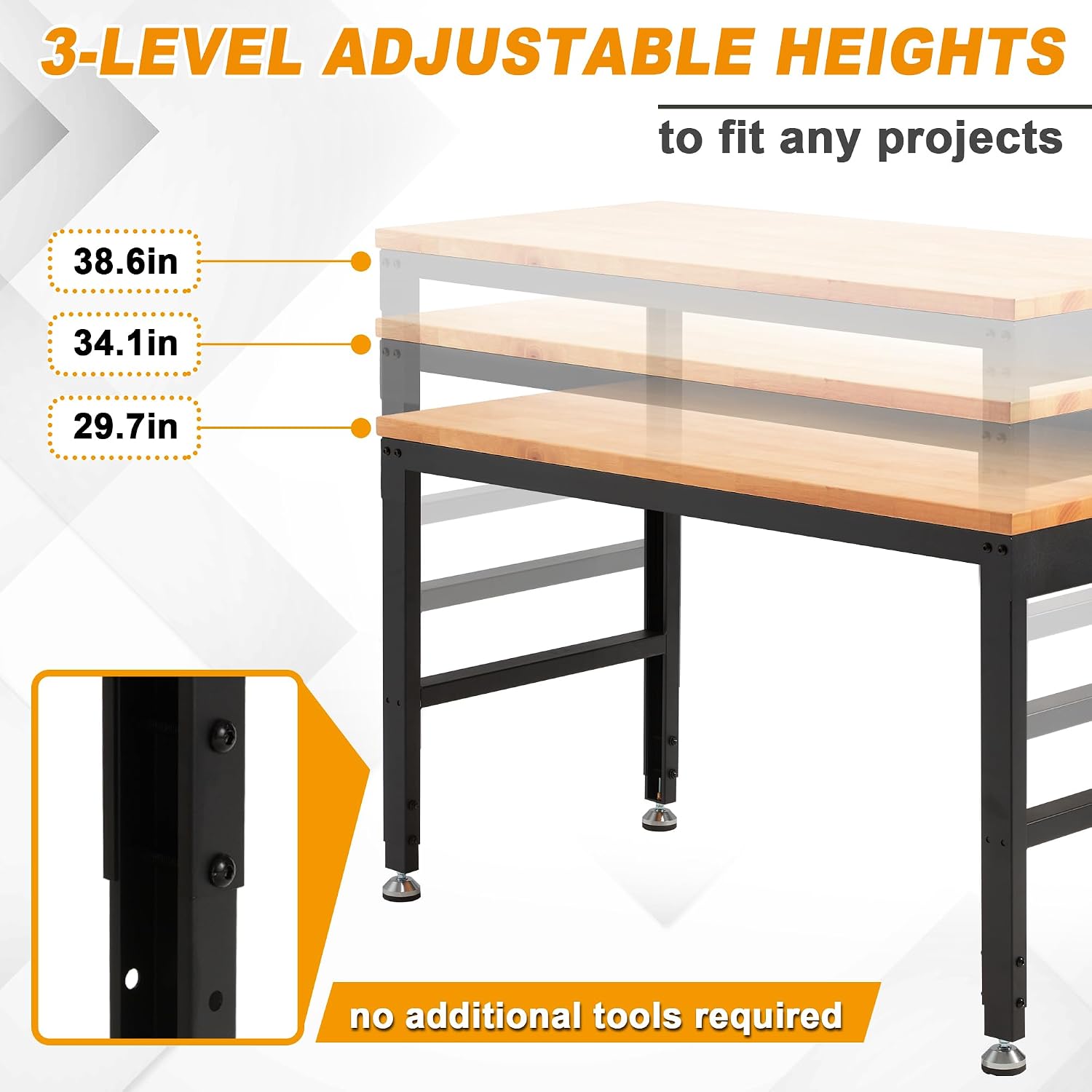 HABUTWAY Height Adjustable Workbench 60' 2000 Lbs Capacity Solid Wood Work Station Heavy-Duty Work Tables with Power Outlets for Garage Party Shop Office