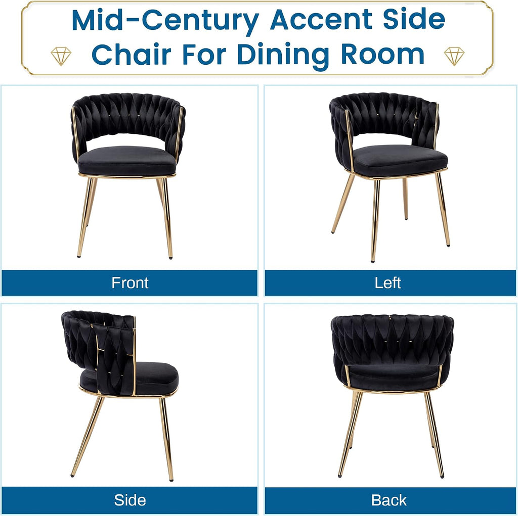 KCC Velvet Dining Chairs Set of 2, Gold Modern Dining Chair with Metal Legs, Woven Upholstered Dining Chairs for Dining Room, Kitchen, Vanity, Living Room (Black)