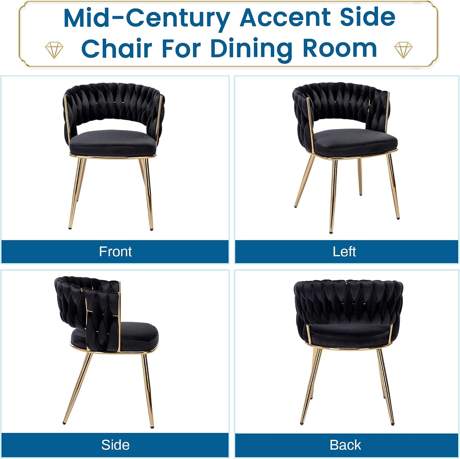 KCC Velvet Dining Chairs Set of 2, Gold Modern Dining Chair with Metal Legs, Woven Upholstered Dining Chairs for Dining Room, Kitchen, Vanity, Living Room (Black)