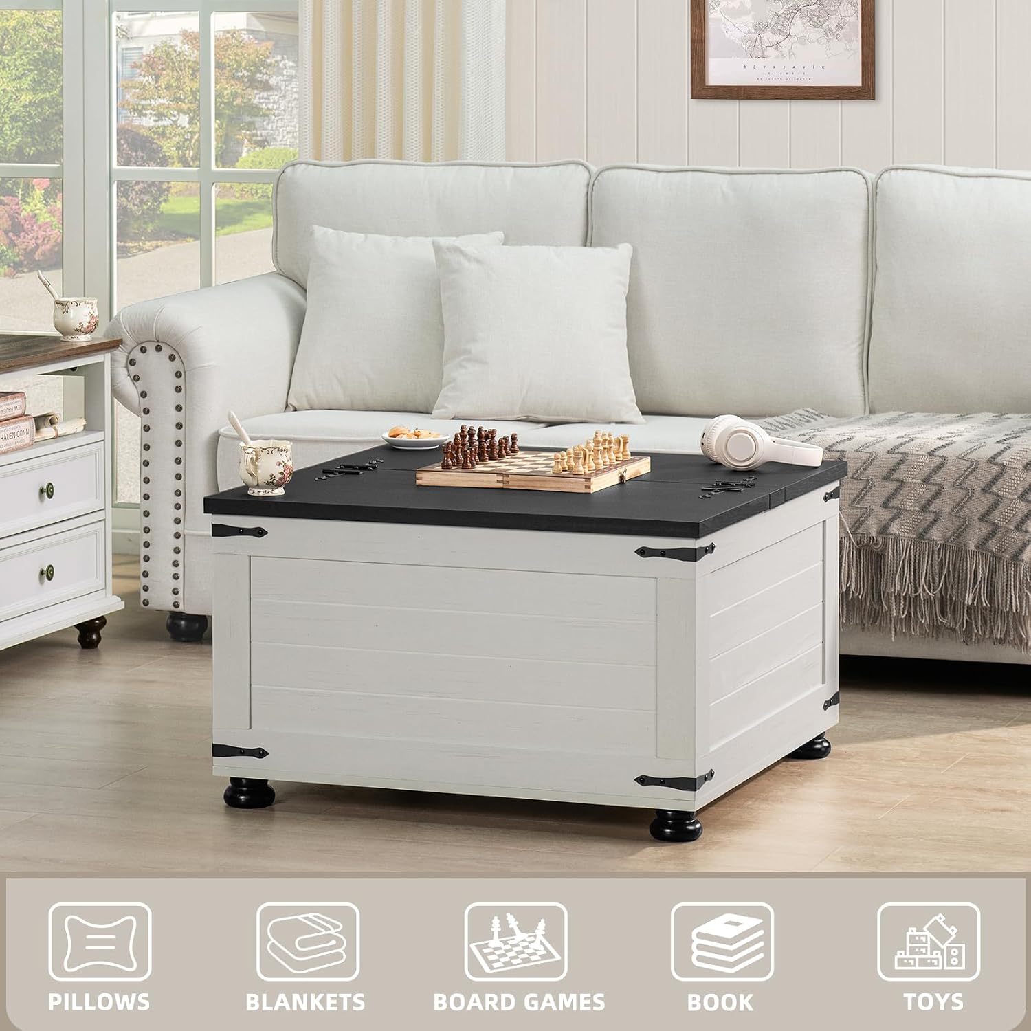 Joaxswe Farmhouse Coffee Table with Hidden Storage, Square Large Center Table for Living Room, Vintage Cocktail Tables with Flip-Top Lids, Farm House Tables with Wood Gourd Feet, Antique White & Black