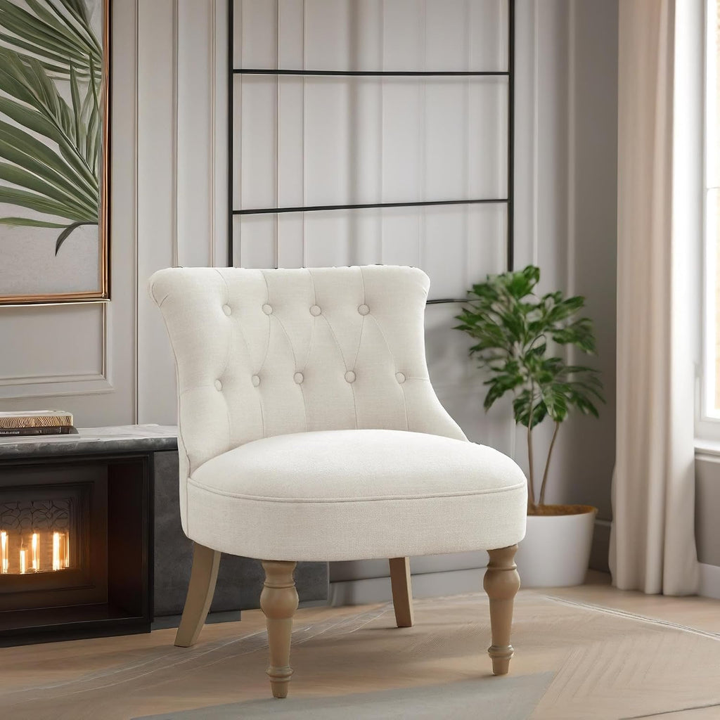 Zihanhome Living Room Chairs, Armless Accent Chair, Comfy Tufted Bedroom Chair, Upholstered Chair with Wooden Legs for Reading Room, Reception, Apartments and Dormitories (Beige)