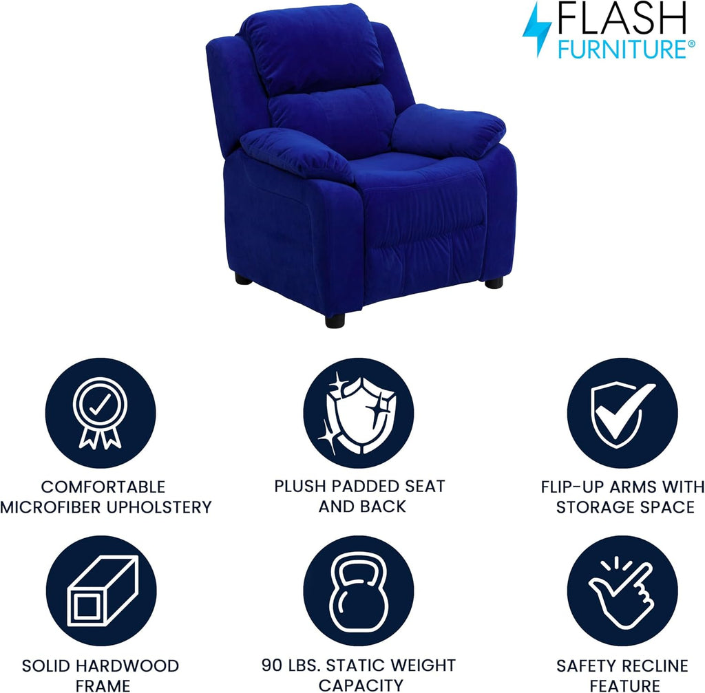 Flash Furniture Charlie Microfiber Kids Recliner with Flip-Up Storage Arms and Safety Recline, Contemporary Reclining Chair for Kids, Supports up to 90 lbs., Blue