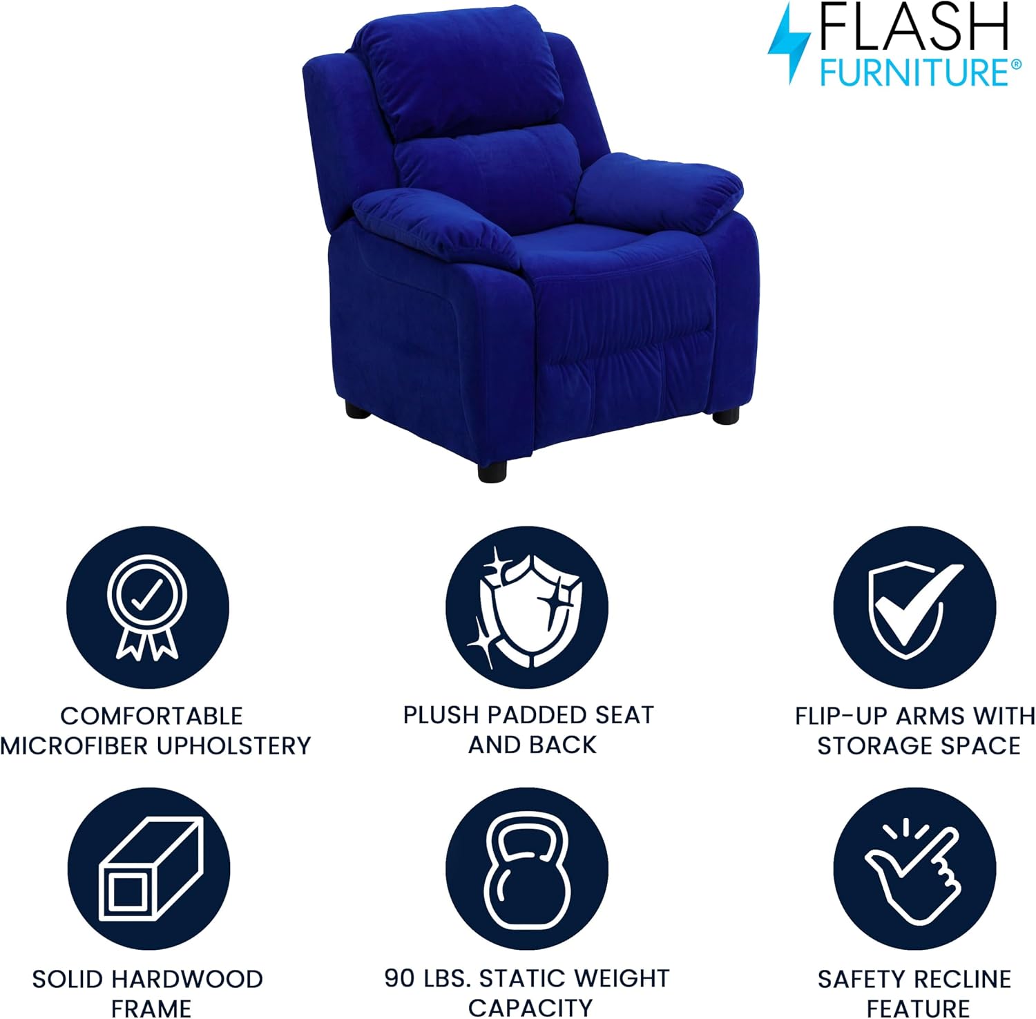 Flash Furniture Charlie Microfiber Kids Recliner with Flip-Up Storage Arms and Safety Recline, Contemporary Reclining Chair for Kids, Supports up to 90 lbs., Blue
