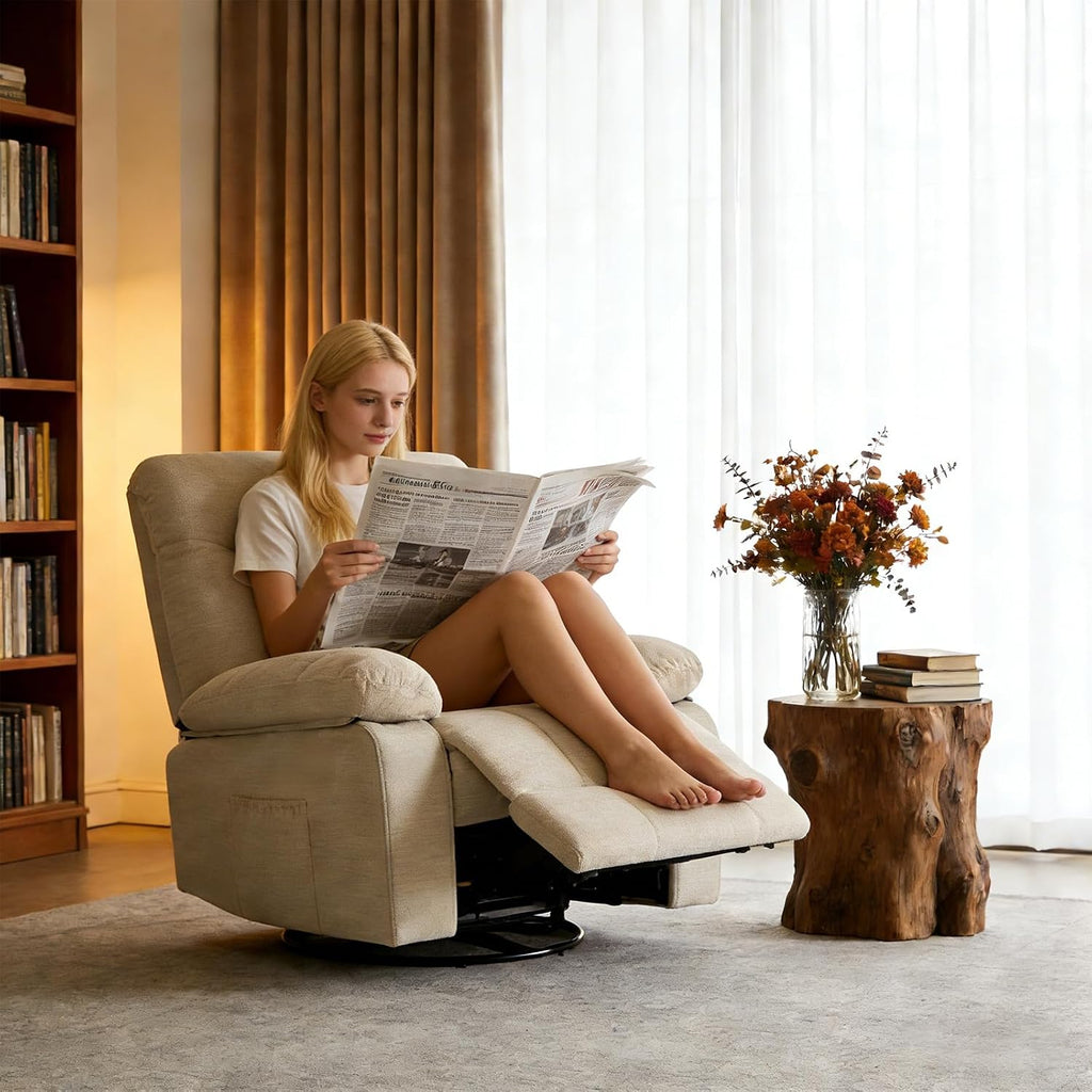 Rocker Swivel Recliner Chair for Adults, Single Reclining Sofa Chair with Heated and Full Body Massage, Lounge Recliner Glider for Small Living Room, Bedroom, Beige