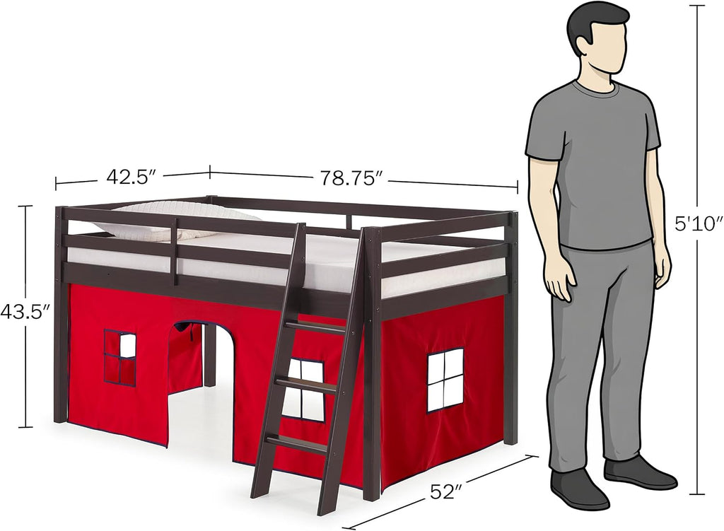 Alaterre Furniture Roxy Low Loft Bed Twin Size Frame with Tent - Solid Wood Loft Bed with Safety Guardrails, Inclined Ladder and Play Tent - No Box Spring Needed, Easy Assembly (Espresso & Red)