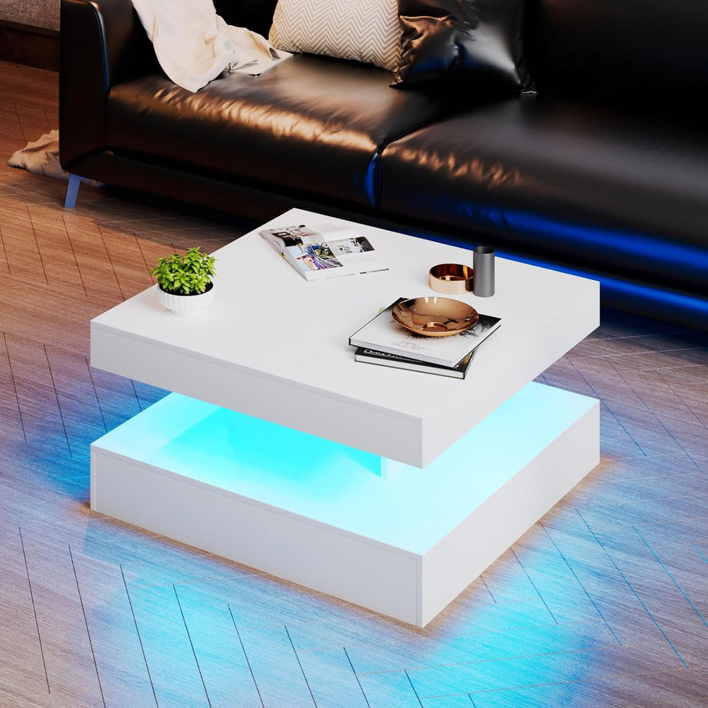 HedoAjim White LED Coffee Table for Living Room, Living Room Table 2-Tier Square Middle Center Table, Modern Coffee Tables with Storage, Wood Tea Tables for Dining Reception, Skin Feeling